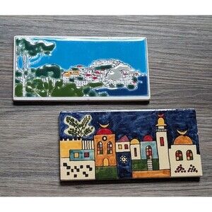Vintage Art Subway Tile City Jerusalem Pottery Art Deco ~ Set of 2